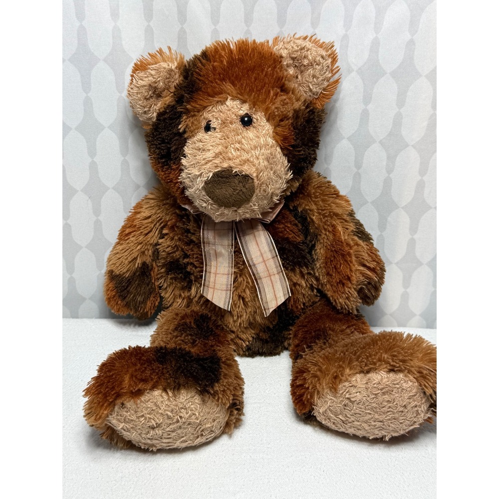 Melissa & Doug Brown Tie Dye Furry Teddy Bear Plush Toy Plaid Ribbon Bow